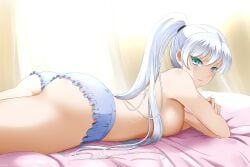 1girls alternate_version_available ass bed big_ass blue_eyes bottomwear clothing dat_ass female female_only hair kimmy77 laying_down lingerie looking_at_viewer nipples on_stomach ponytail rwby scar shorts solo solo_female thighs topless weiss_schnee white_hair