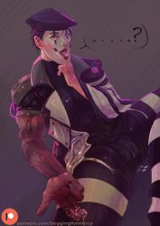 2d begging-for-mercy clothing clown facepaint female fingers heterochromia looking_at_viewer mime mime_moira moira overwatch overwatch_2 suggestive_look tongue