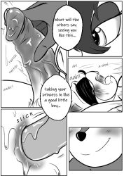 anthro blindfold blush comic comic_page dawnelle english_text female femdom male missionary_position monochrome pegging precum precum_while_penetrated sally_acorn sega sonic_(series) sonic_the_hedgehog sonic_the_hedgehog_(archie) strap-on