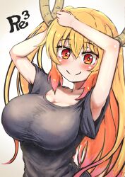 1girls black_shirt cleavage gradient_hair large_breasts miss_kobayashi's_dragon_maid orange_eyes ozrereresan solo_female tagme tohru_(dragon_maid) woman