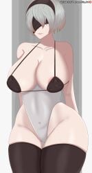 areola blindfold breasts hairband irisart13 light-skinned_female light_skin nier nier:_automata short_hair thighhighs thighs voluptuous voluptuous_female white_hair yorha_2b