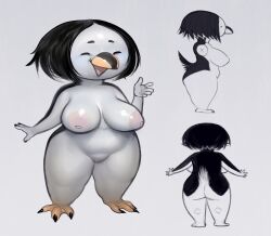 2022 5_fingers anthro areola ass avian beak big_breasts bird bird_feet black_body black_feathers black_hair black_lips black_nails breasts claws closed_eyes colored_nails derek_hetrick feathers female fingers genitals grey_background hair hi_res inverted_nipples lips membrane_(anatomy) model_sheet nails navel nipples nude open_mouth open_smile penguin pussy rear_view short_stack shortstack side_view simple_background smile solo standing thick_thighs toe_claws webbed_feet white_body white_feathers wide_hips zoelle_(derek_hetrick)