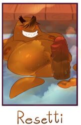 1boy 2022 animal_crossing anthro balls bathing belly big_belly blush brown_body closed_eyes erection eulipotyphlan genitals haxsmack hi_res male mammal mole_(animal) moobs mr._resetti nintendo nipples overweight overweight_male penis solo solo_male steam video_games water