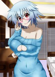 arm_under_breasts bedroom big_breasts blush boob_window glasses hand_on_glasses infinite_stratos looking_at_viewer no_bra no_panties red_eyes sarashiki_tatenashi short_blue_hair smiling_at_viewer space_gorilla virgin_killer_sweater