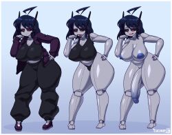 1futa balls barefoot big_penis black_sclera blue_hair clothed cuchuflin futa_only futanari humanoid nipples red_eyes robot_girl short_hair solo standing thick_thighs tired_eyes