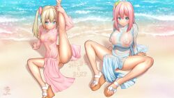 2futas ass balls bangs beach big_breasts big_penis blue_eyes blush breasts bulge closed_mouth clothed clothes clothing covered_navel daisy_mitsumata dress duo erection erection_under_clothes full_body futa_only futanari hair_ornament highres horny human large_breasts leg_lift leg_up light-skinned_futanari light_skin looking_at_viewer marimu_(daisy_mitsumata) mitama_(daisy_mitsumata) mostly_clothed multiple_girls nipples original outdoors pelvic_curtain penis pink_eyes platform_footwear sandals see-through see-through_clothing siblings sisters small_breasts smile split spread_legs tenting testicle_peek twintails water wet wet_clothes