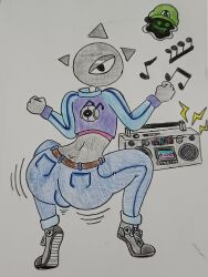 1boy back back_view boombox dancing eyeball facing_away fanart fists jacket jeans jukebox looking_at_viewer oc oc_only pants_on rentherennn shoes thick thick_ass thick_thighs traditional_art trent_(rentherennn) twerking unknown_artist