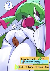 ass_focus back_view big_ass booster_energy buttplug female female_focus female_only female_pokemon glistening green_hair iron_valiant looking_at_viewer looking_down_at_viewer nintendo paradox_pokemon pink_eyes pokémon_(species) pokemon pokemon_only robot robot_girl text thick thick_thighs