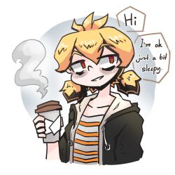 alternate_version_available bags_under_eyes closed_mouth coffee coffee_cup dialogue heart hi_res high_quality holding_coffee_cup holding_object jacket jacket_open juztplay klea_(juztplay) ponytails safe_for_work sfw sleepy speech speech_bubble steam striped_shirt stripes stripes_(marking) text tired tired_eyes white_background yellow_eyes