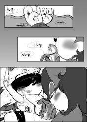 anthro blindfold blush bound_wrists comic comic_page dawnelle english_text female femdom hands_above_head male monochrome penilingus penis precum sally_acorn sega sonic_(series) sonic_the_hedgehog sonic_the_hedgehog_(archie)