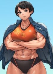 1girls abs biceps black_eyes black_hair blue_background blue_jacket breasts crossed_arms female female_only hi_res jacket large_breasts light-skinned_female light_skin looking_at_viewer mikel_bk muscular muscular_arms muscular_female muscular_legs navel orange_bra orange_sports_bra original original_character short_hair smile solo solo_female solo_focus sports_bra sportswear standing thick_thighs