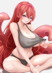 1girls black_bra black_panties black_sports_bra bra crossed_legs defaultkavy female female_only hairclips light-skinned_female light_skin looking_at_viewer mirolive octopus_girl panties purple_eyes red_hair seductive smile solo sports_bra sports_bra_lift tabasuko_(virtual_youtuber) teasing tentacle virtual_youtuber