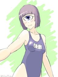 1_eye 1girls blue_eye blush closed_mouth cute cyclops female hair hips legs manako monoeye monster_girl monster_musume_no_iru_nichijou one_eye one_piece_swimsuit petite purple_eyes purple_hair school_swimsuit simple_background small_breasts swimsuit thighs