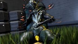 alien bodily_fluids claws faceless_character faceless_female female genderbend genital_fluids genitals glowing glowing_genitalia grass hi_res humanoid looking_at_viewer monster null_sfm oberon_(warframe) plant presenting presenting_pussy pussy pussy_juice rule_63 sitting_on_ground solo tenno teratophilia video_games warframe