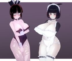 2022 2girls 3d abceefg abstract_background adult_swim bangs big_breasts black_bow black_hair blush breasts bunny_ears bunnysuit choker cleavage clone clones creepy_susie dark_hair deep_cleavage female female_only fishnets gloves goth hairbow huge_breasts koikatsu looking_at_viewer maid maid_apron maid_headdress maid_outfit mikumikudance nipple_bulge nipple_slip nipples pale-skinned_female pale_skin pantyhose ripped_fishnets short_hair the_oblongs thick_thighs thighhighs white_gloves white_skin wide_hips