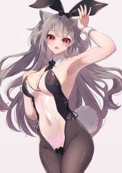 1girls absurdres animal_ears areolae armpits black_pantyhose breasts bunny_ears bunny_girl bunnysuit cleavage commentary_request covered_navel fake_animal_ears fake_tail female female_only grey_background grey_hair heart_pasties highres hinata_(user_rjkt4745) leotard long_hair looking_at_viewer medium_breasts open_mouth original pantyhose partial_commentary pasties playboy_bunny pubic_tattoo rabbit_ears rabbit_tail red_eyes see-through_clothing simple_background solo tail tattoo transparent_bunnysuit