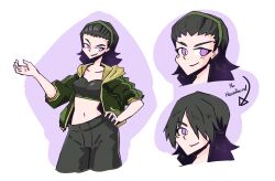 arrow black_bra black_eyebrows black_hair black_shorts bra green_hairband green_jacket hairband_removed hand_on_hip hi_res high_quality jacket jacket_open juztplay messy_hair open_mouth purple_eyes rash_(juztplay) safe_for_work sfw shorts smile text white_background