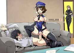 1boy 2girls absurd_res absurdres akira_kurusu artist_logo artist_name atlus black_hair bondage breasts breasts_out brown_hair caught_in_the_act centi_(artist) couch cowgirl_position cucked_by_sister cuckquean cum cum_in_pussy cum_inside female_on_top femdom grey_hair handcuffed handcuffs hi_res highres light-skinned_female light-skinned_male light_skin makoto_niijima male male/female malesub megami_tensei penis persona persona_5 police police_uniform ren_amamiya restrained sae_niijima sega sofa straight thighhighs vaginal_penetration voyeur voyeurism walked_in_on