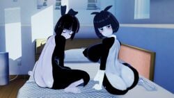 2022 2girls 3d abceefg adult_swim ass ass_cleavage bare_back bed big_ass big_breasts black_clothing blush breasts butt_crack clone clones creepy_susie female female_only fishnets flirting goth hairbow huge_breasts imminent_sex koikatsu looking_at_viewer looking_back mikumikudance nipple_bulge nipples pale-skinned_female pale_skin seductive seductive_look seductive_smile sitting the_oblongs virgin_killer_sweater