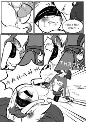 anthro biting_lip blindfold blush comic comic_page dawnelle english_text female femdom male missionary_position monochrome pegging sally_acorn sega sex_toy sonic_(series) sonic_the_hedgehog sonic_the_hedgehog_(archie) strap-on