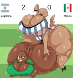 1futa 1girls anthro avian big_ass big_breasts bottom_heavy bottomless breasts bubble_butt clothed clothing duo female furry futanari huge_ass hyper hyper_ass johan_memoris overweight partially_clothed sex tagme thick_thighs world_cup