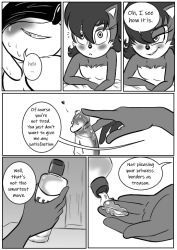 anthro blindfold blush comic comic_page dawnelle english_text female femdom lube lube_bottle male monochrome precum sally_acorn sega sonic_(series) sonic_the_hedgehog sonic_the_hedgehog_(archie) teasing_penis