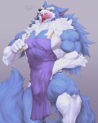 1boy anthro apron apron_only capcom captainjohkid darkstalkers gallon hi_res jon_talbain licking_lips looking_at_viewer male male_only muscles muscular muscular_male open_mouth penis_bulge sharp_teeth simple_background smiling_at_viewer solo torn_clothes underwear vampire_savior voluptuous werewolf yellow_eyes