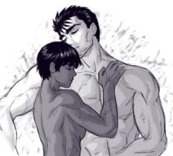 18kannn 1boy 1girls berserk canon_couple casca dark-skinned_female female guts_(berserk) hugging human male monochrome nude sketch wholesome