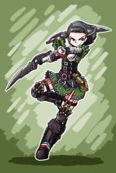 armor belt belt_buckle black_hair first_sfw_of_character hairband hi_res high_quality holding_object holding_weapons juztplay monster_hunter monster_hunter_(series) monster_hunter_world oc one_leg_raised one_leg_up original_character purple_eyes rash_(juztplay) red_paint safe_for_work sfw shadow simple_background smile