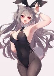 1girls :d absurdres animal_ears armpits black_pantyhose breasts bunny_ears bunny_girl bunnysuit cleavage commentary_request covered_navel fake_animal_ears fake_tail female female_only grey_background grey_hair highres hinata_(user_rjkt4745) long_hair looking_at_viewer medium_breasts open_mouth original pantyhose partial_commentary playboy_bunny rabbit_ears rabbit_tail red_eyes simple_background smile solo tail