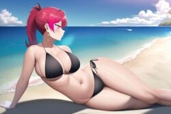 ai_generated beach bikini female frigg_(tower_of_fantasy) looking_away mature_female nai_diffusion pink_eyes ponytail red_hair stable_diffusion tower_of_fantasy