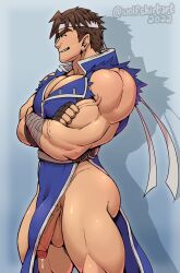 1boy arms_crossed bara bara_tiddies bara_tits big_butt big_penis brown_hair bulge castlevania flaccid leaking male_focus male_only muscular muscular_male no_pants no_underwear pantless precum richter_belmont smile solo solo_male wolfshirtart