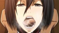 1girls after_deepthroat after_oral asian attack_on_titan black_eyes black_hair cum cum_in_mouth deepthroat deepthroat_holder deepthroat_no_hands eye_contact female fringe kneeling lost_rarities medium_hair mikasa_ackerman military_jacket military_uniform mouth_fetish open_mouth oral pale-skinned_female paradis_military_uniform petite pov saliva scarf seductive_eyes seductive_mouth shingeki_no_kyojin skinny slim submissive_female takapiko teenager throat tongue_focus tongue_out