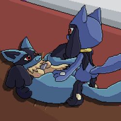 anthro bed blue_body blue_fur body_hair breasts chest_hair chest_spike chest_tuft collar digital_media_(artwork) dominant duo female feral fingers fur furniture generation_4_pokemon genitals hair hi_res horn humanoid humanoid_genitalia inside lawealewd legs_up lucario lying male male/female nintendo nipples penetration pixel_(artwork) pokémon_(species) pokemon pokemon_(species) pussy red_hair riolu sex spikes spikes_(anatomy) spread_legs spreading submissive submissive_female tail_tuft tuft vaginal_penetration video_games yellow_body yellow_fur