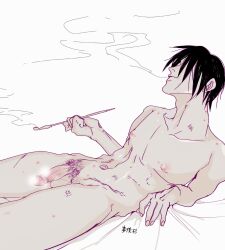 after_sex black_hair blowing_smoke colored_sketch completely_nude eo_(artist) gintama half-erect hickey hickey_marks kiseru male male_only male_pubic_hair nude on_back penis pipe pointless_censoring reclining restricted_palette retracted_foreskin sketch smoking smoking_pipe solo takasugi_shinsuke veiny_penis