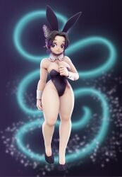 3d alternate_costume big_breasts black_hair bunny_ears bunnysuit butterfly_hair_ornament cleavage demon_slayer detached_collar female female_only full_body hair_ornament high_heels highleg_leotard kimetsu_no_yaiba kochou_shinobu neck_ribbon purple_eyes smile smilw solo standing the-great-pipmax thick_thighs toshinoshin00 two_tone_hair wide_hips wrist_cuffs