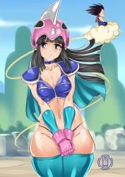 bikini bikini_bottom bikini_top blue_panties chichi chichi's_armor chichi's_helmet dragon_ball dragon_ball_(classic) fingerless_gloves flying_nimbus looking_at_viewer panties pawzncupz pinup son_goku son_goku_(young) standing