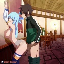 against_wall animated aqua_(konosuba) armpits arms_behind_back ass ass_shake blue_eyes blue_hair blue_high_heel_boots bouncing_ass bouncing_breasts cleavage clothed_sex deep_penetration female goddess kami_otaku kono_subarashii_sekai_ni_shukufuku_wo! large_breasts long_hair long_sleeves male miniskirt nipples no_bra no_panties open_mouth penis ponytail satou_kazuma see-through_skirt sex sex_from_behind skirt sleeves_past_elbows standing standing_sex straight thick_thighs thighhighs thighs underwear white_legwear white_sleeves white_stockings wide_hips