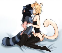 anthro bodily_fluids clothed clothing crossdressing cum domestic_cat duo felid feline felis genital_fluids girly gloves handwear helloggi kissing legwear lingerie male male/male mammal procyonid raccoon stockings