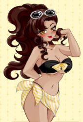 1girls accurate_art_style beauty_mark bikini brown_hair crush_crush female female_only golden_eyes large_breasts rosa_(crush_crush) sad_panda_studios sunglasses_on_head wide_hips