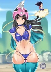 bikini bikini_bottom bikini_top blue_panties chichi chichi's_armor chichi's_helmet dragon_ball dragon_ball_(classic) fingerless_gloves flying_nimbus looking_at_viewer panties pawzncupz pinup pubic_hair son_goku son_goku_(young) standing