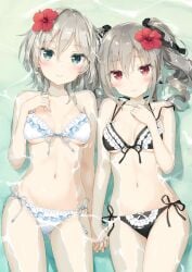 2girls afloat anastasia_(idolmaster) aqua_eyes black_bikini blush blushing eyebrows_visible_through_hair eyelashes_visible_through_hair frilled_bikini front-tie_bikini hair_between_eyes hair_flower hair_ornament hand_on_own_chest holding_hands idolmaster idolmaster_cinderella_girls interlocked_fingers kani_biimu kanzaki_ranko looking_at_viewer partially_submerged red_eyes short_hair side-tie_bikini silver_hair smile white_bikini