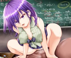 1boy 1girls blackboard bokutachi_wa_benkyou_ga_dekinai classroom clothed clothed_female_nude_male clothed_sex erect_nipples erect_nipples_under_clothes female female_on_top kominami_asumi_(bokuben) male petite pubic_stubble purple_hair pussy sex sweat uncensored vaginal_penetration wet