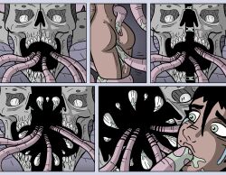 1boy 1girls anal anal_sex crying crying_with_eyes_open dark_hair female green_eyes hombre-blanco human imminent_vore male monster monster_on_female open_mouth restrained short_hair skull tentacle tentacle_on_female tentacle_rape tentacle_sex tongue