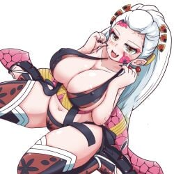 absurd_res big_breasts black_nails blush cleavage daki_(kimetsu_no_yaiba) demon_girl demon_slayer dutch_angle facial_markings female female_only hair_ornament hi_res huge_breasts kaikon_shokubutsu kimetsu_no_yaiba lingerie long_hair nail_polish nipple_bulge obi okobo open_mouth platform_footwear plump pointy_ears sitting smile solo thick_thighs thighhighs toeless_legwear transparent_background two_tone_hair veins very_high_resolution very_long_hair wariza white_hair