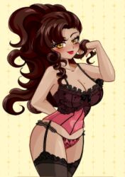 1girls accurate_art_style beauty_mark brown_hair crush_crush female female_only golden_eyes large_breasts lingerie rosa_(crush_crush) sad_panda_studios wide_hips