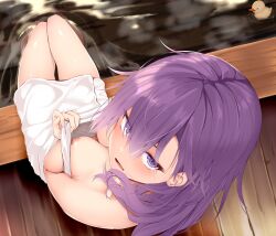 1girls bathhouse bokutachi_wa_benkyou_ga_dekinai breasts female female_only high-angle_view hot_spring kominami_asumi_(bokuben) looking_at_viewer nagaresa nipple petite pink_nipples purple_hair showing_breasts slight_blush small_breasts solo towel towel_only