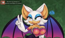 bat bat_ears bat_wings big_breasts big_ears big_eyes breasts green_eyes large_breasts lips lipstick mobian_(species) mobian_bat nyan_o_lantern(artist) pink_lipstick rouge_the_bat skin_tight sonic_(series) sonic_the_hedgehog_(series) tan_skin transparent_clothing white_fur