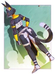 anthro ass bacardi_(muart242) background bandage black_fur feline female fit fit_female frontal_loincloth goddess gold_jewelry hi_res highres long_ears looking_at_viewer looking_back muart242 oc patreon_url patreon_username tail two_tone_fur whiskers