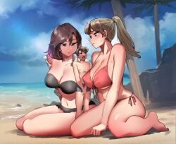 1boy 2girls beach big_breasts breasts clothing female giantess kkasi00 light-skinned_female light-skinned_male light_skin macro male mini_giantess sitting size_difference swimsuit